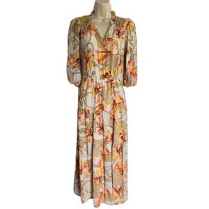 Vibrant Floral Midi Dress in Orange and Cream